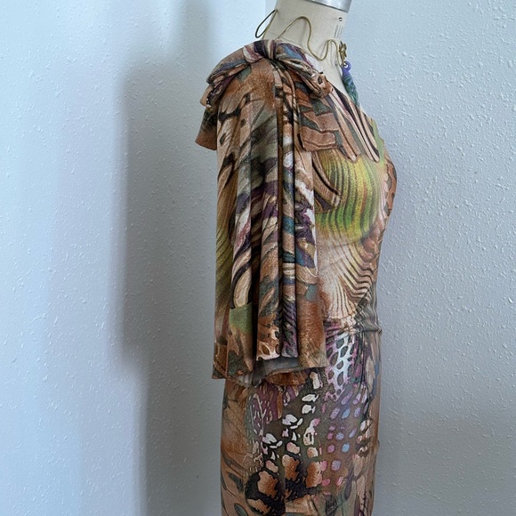 CACHÉ Y2K *RARE* stretchy asymmetric dress butterfly print w. gold metallic - Picture 5 of 7